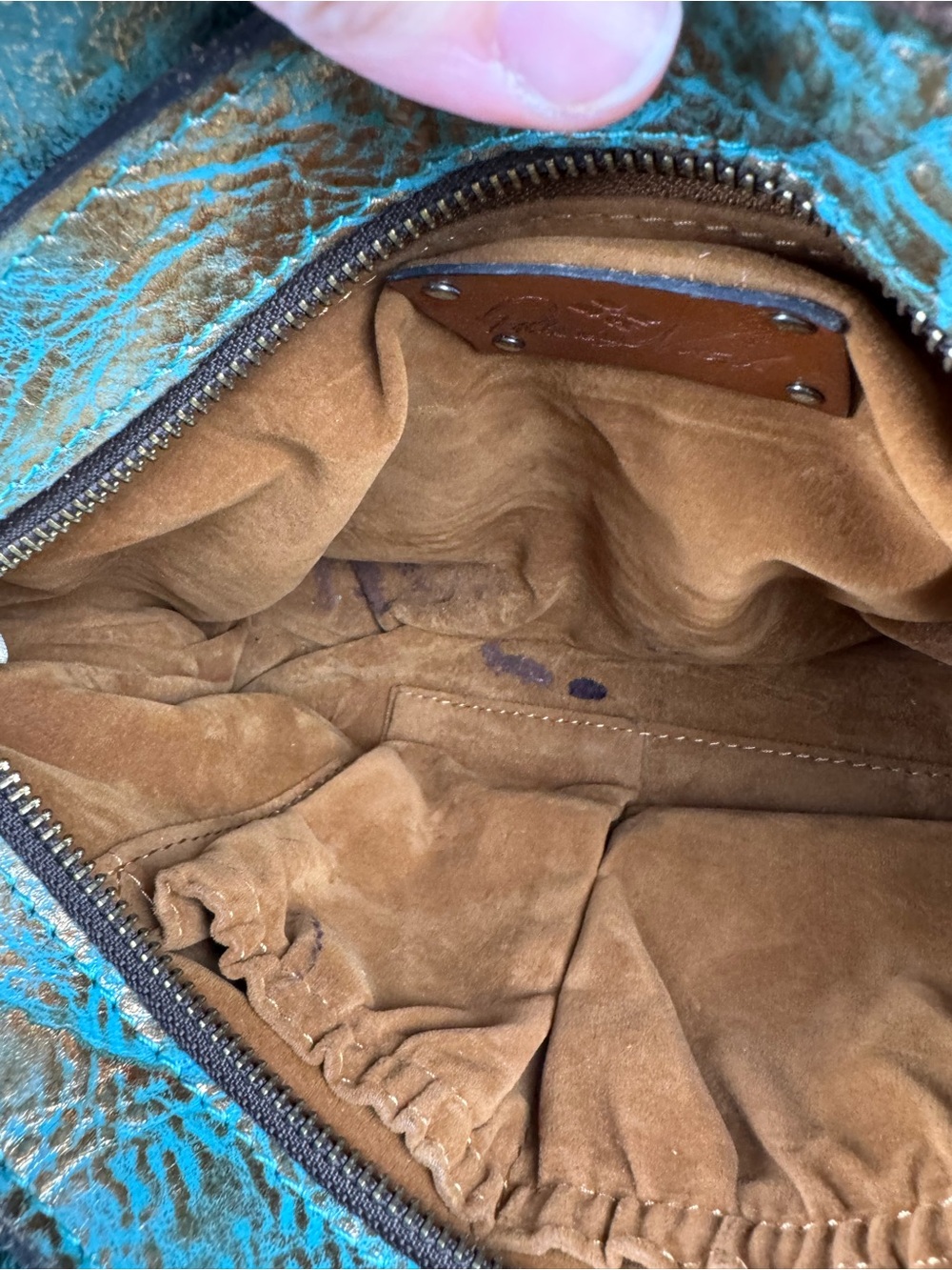 Patricia Nash Turquoise Gold Tooled Floral Leather Satchel Tassel Bag - Picture 11 of 15